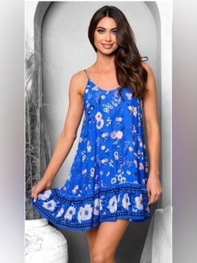 New Royal Blue Summer Print Tie Shoulder Strap Beautiful Womens Summer Dress